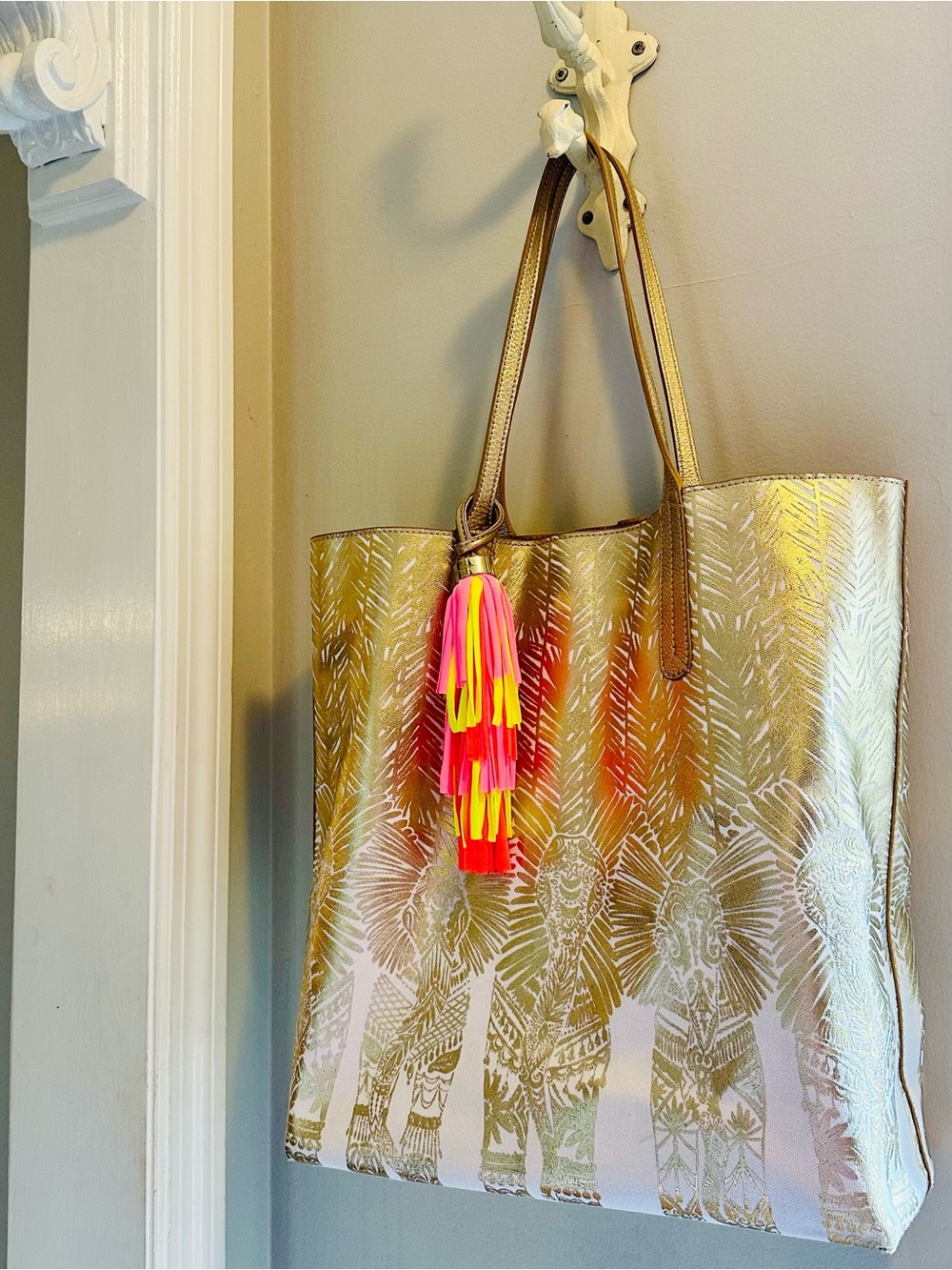 Lilly Pulitzer Metallic Gold Tote with Neon Pink & Yellow Tassel